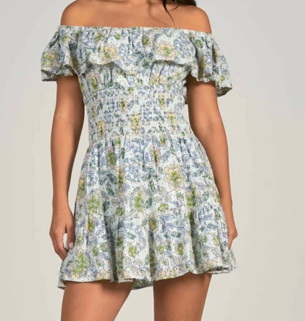 Elan Off The Shoulder Floral Ruffle Smocked Waist Mini Dress Green Medium